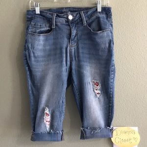 Time & Tru Women’s Distressed Patch Super Skinny Jean Cutoff Shorts